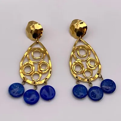 Vtg Avon Statement Modernist Chandelier Pierced Earrings Gold Tone & Blue Lucite • $19