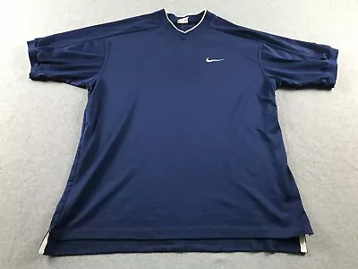 Vintage Nike Dri-Fit Jersey Mens L Navy Short Sleeve Swoosh Ribbed V-Neck 90s • $39.96