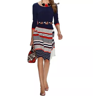 $395 MILLY STRIPED 3/4 Sleeve Knit DRESS PLEATED NWOT Size M Blue White Red  • $89