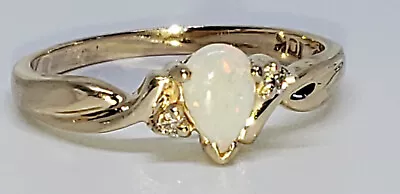 10k Yellow Gold Natural Pear Shape Opal 2 Diamond Size 7 Ring 2 Gram Estate WOW • $102