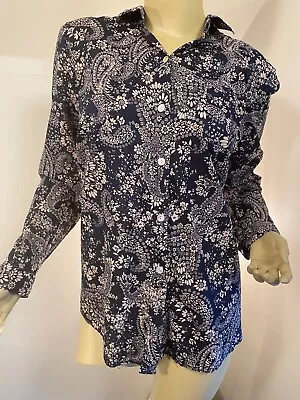 J. Jill Shirred Back Shirt AR8 Navy Blue Paisley Bandana Small 100% Cotton EUC • $19