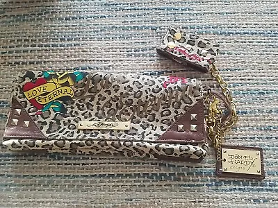 Ed Hardy Purse Love Eternal Evening Bag Clutch Cheetah Print Heart Rose Studs • $14.50