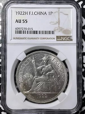 1922-H French Indo-China 1 Piastre NGC AU55 Lot#BB11 Large Silver Coin! • $67