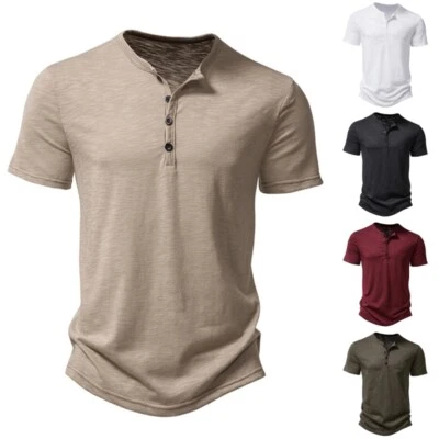 £14.37 • Buy Men Summer Henley Neck T Shirts Fahion Casual Loose Short Sleeve Blouse Tops