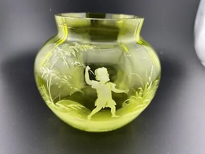 Antique Vase MARY GREGORY Green Handblown Glass Enameled Boy & Trees • $30