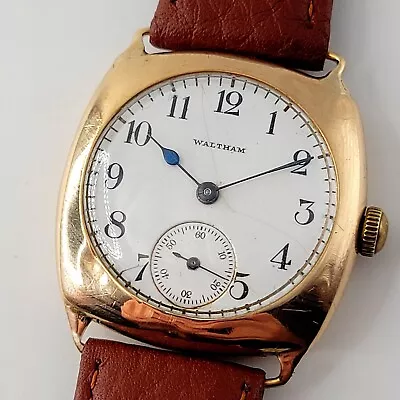 9ct Solid Gold 1936 Waltham Working Cushion Mens Trench Watch Antique Vintage • £900