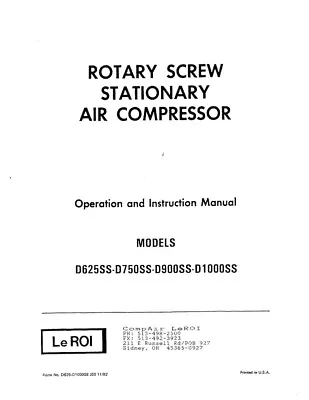 LEROI D625 D750 PORTABLE COMPRESSOR OPERATORS MANUAL ***PDF Sent Via Email*** • $18.99