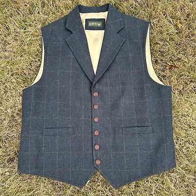 ORVIS Wool Waistcoat Vest Mens Large Blue Windowpane Plaid Front Button 9G7P • $59.99