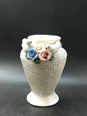 Vintage K's Collection Vase Iridescent White Two Love Birds Blue White Pink Rose • $25