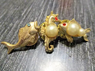 Set 3 Vintage Seahorse Fish Gold Tone Faux Pearl Scatter Pin Miniature Brooch • $19.99