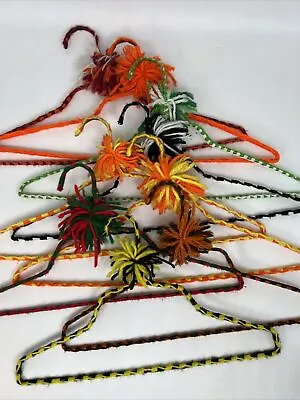 Vintage Lot Of 9 Hand Crocheted Wire Hangers Yarn Covered Knit Handmade Pom Pom • $14.80