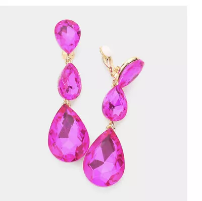 3” Clip On Long Hot Pink Fuchsia Dangle Drop Pageant Rhinestone Crystal Earrings • $14.50