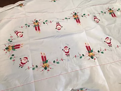 Vintage Hand Made Embroidery Christmas Design Tablecloth Santa Candle Sticks • $29