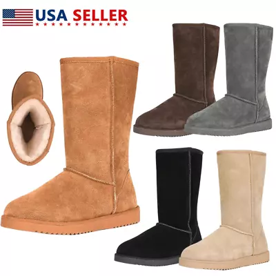 Women Faux Fur Lining Sheepskin Snow Boots Moccasins Toe Slip On Mid Calf Boots • $35.99