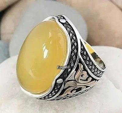 Men Ring Natural Yellow Carnelian Yemeni Agate Aqeeq 925 Sterling Silver Rare • $48