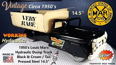1950's Louis Marx Hydraulic Dump Truck Black & Cream / Tan Pressed Steel 14.5” • $99.99