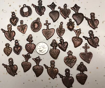 25 Milagro HEART Charms Mix Mexican Folk Art DARK ANTIQUE COPPER-tone All HEARTS • $19.95