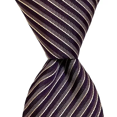 HUGO BOSS Men's 100% Silk XL Necktie ITALY Designer STRIPED Purple/White EUC • $34.99