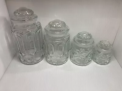 Vintage L.E. Smith Moon And Stars Clear Glass Canister Jar Set W/Lids 4 Jar Set • $99.99