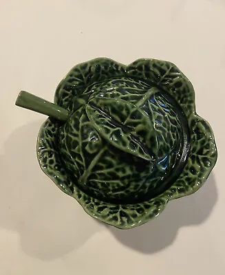 SUBTIL Green Cabbage Leaf Majolica Lidded Tureen Bowl With Spoon • $25