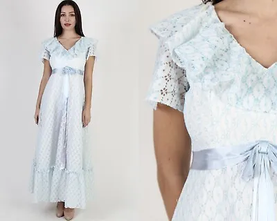 Vtg 70s Charming Blue Eyelet Lace Dress White Garden Wedding Bridal Party Maxi • $72.20