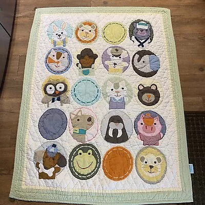 The Land Of Nod Quilted Crib Appliqué Blanket 39x51 Cotton Owl Monkey Dog Frog • $32
