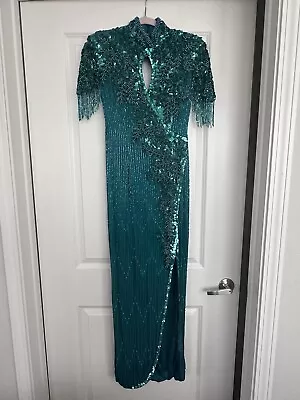 Vintage Oscar De La Renta Beaded Sequin Evening Dress Sz 4 Emerald Green Fringe • $437.50