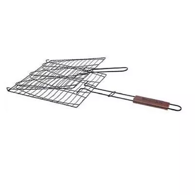 Vaggan Barbeque Metal Fish Grill Non Stick Wooden Handle Holds 3 Fish 11 X 11 In • $25.98