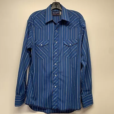 Vtg Wrangler Button Shirt Men 15.5 X 35 Blue Stripe X-Long Tails Pearl Snap • $24.99