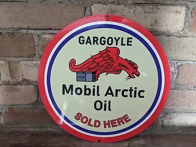 Vintage Mobil Arctic Oil  Sold Here  Heavy Porcelain Gas Pump Sign Mobiloil 12  • $126.39