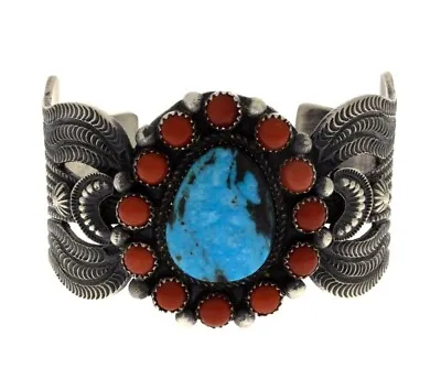 Kingman Turquoise Bracelet With Coral Surround By Navajo Artist Kevin Billah • $900