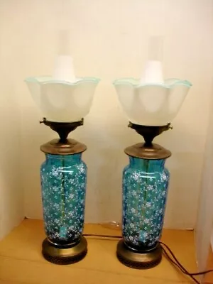 Pair Enamel Glass Lamps With Flower Design & Sapphire Crest Shades Bohemia • $399