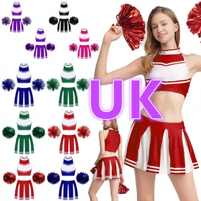 UK Women Cheerleading Outfit Dance Crop Top And Skirt With Pom Poms Set Costume • £9.29