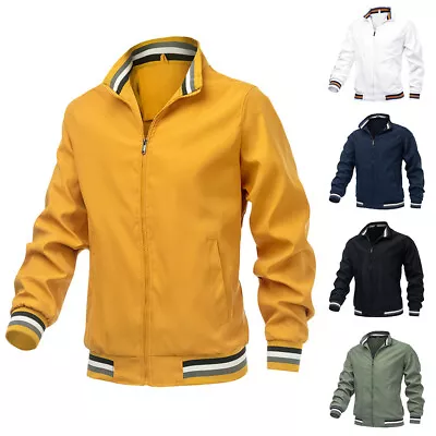 Mens Autumn Stand Collar Casual Zipper Jacket Outdoor Sports Coat Windbreaker • £14.55