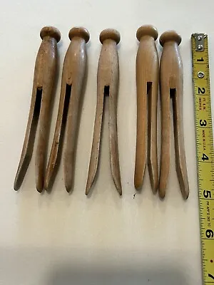 Vintage Lot Of 5 Wooden Clothes Pins / 5” Size / Round Head / Flat Top • $5.95