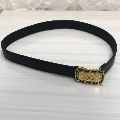 CHANEL Vintage Waist Belt Black Leather Gold Plated Chain CC Logo Buckle 60/22 • £371.23