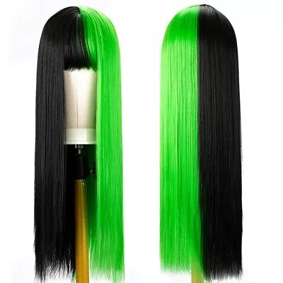 Long Straight Wigs Two Tone Ombre Black And Green Wig With Bangs Synthetic Heat • $17.09