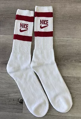 Vintage Nike Socks Striped 80s 90s Swoosh Spell Out Crew Men Mid Calf Cherry Red • $25