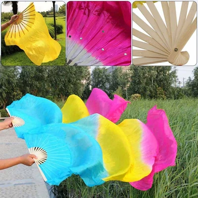 £10.89 • Buy 2PCS Tie-dyed Belly Dancing  Fan Veils For Women Long Silk Fan Bamboo Fans Stage
