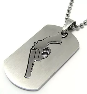 Revolver Pistol Gun Dog Tag Pendant Necklace Stainless Steel • £9.99