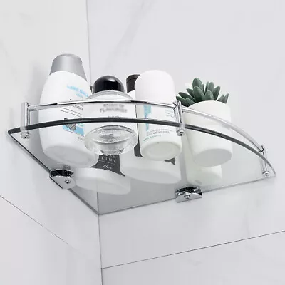 2X Glass Shelves Wall-Mount Bathroom Toughened Clear Corner Shelf Chrome Support • £12.95