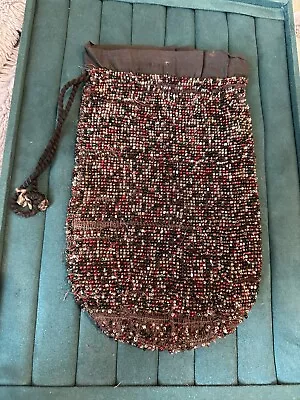 Antique French Cinch Top Multi-Colored Glass Beaded Bag Circa 1920's Large Size • $39.94