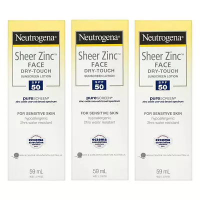 3 X Neutrogena Sheer Zinc Face Dry Touch Sunscreen Lotion SPF50 59mL - FREE POST • $21.90