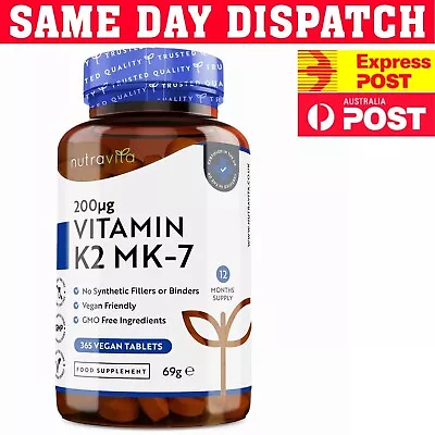 Vitamin K2 MK7 200mcg 365 Tablet Vegan NUTRAVITA FULL YEAR SUPPLY FREE POST ! • $59.50