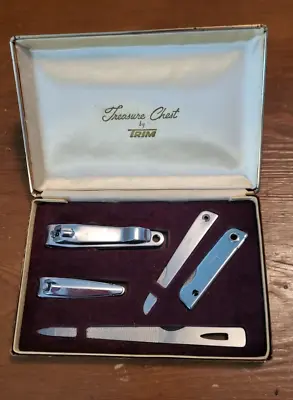 Vintage Treasure Chest 5 Piece Blue Nail Manicure Set By Trim Case USA • $19.60