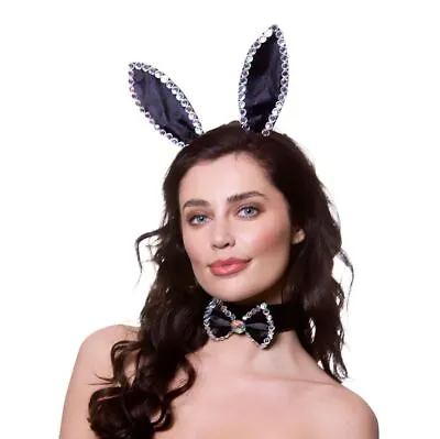 BUNNY Ears + Bow Tie Set Rabbit Sparkling Headband Diamonte Fancy Dress Playboy • £9.95