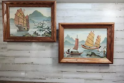 Vintage Pair Of Paint By Number Asian Boat Scenes Framed Wall Art MCM Seascape • $79.99