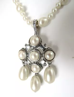 Vintage Signed MONET Silver Faux Pearl MALTESE CROSS Pendant Enhancer Necklace • $43