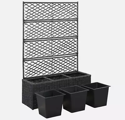 Trellis Flower Raised Bed Black Poly Rattan Garden Planter Box With 3 Plant Pots • £85.99