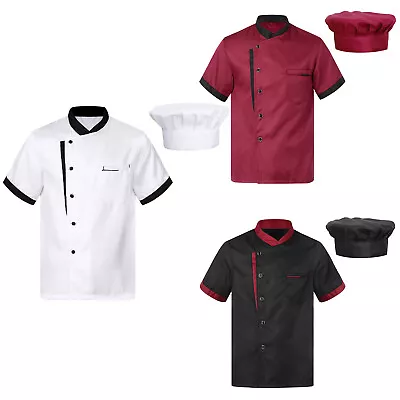 Men Women Short Sleeve Chef Coat Cook Jacket Hotel Home Kitchen Uniform With Hat • £6.43